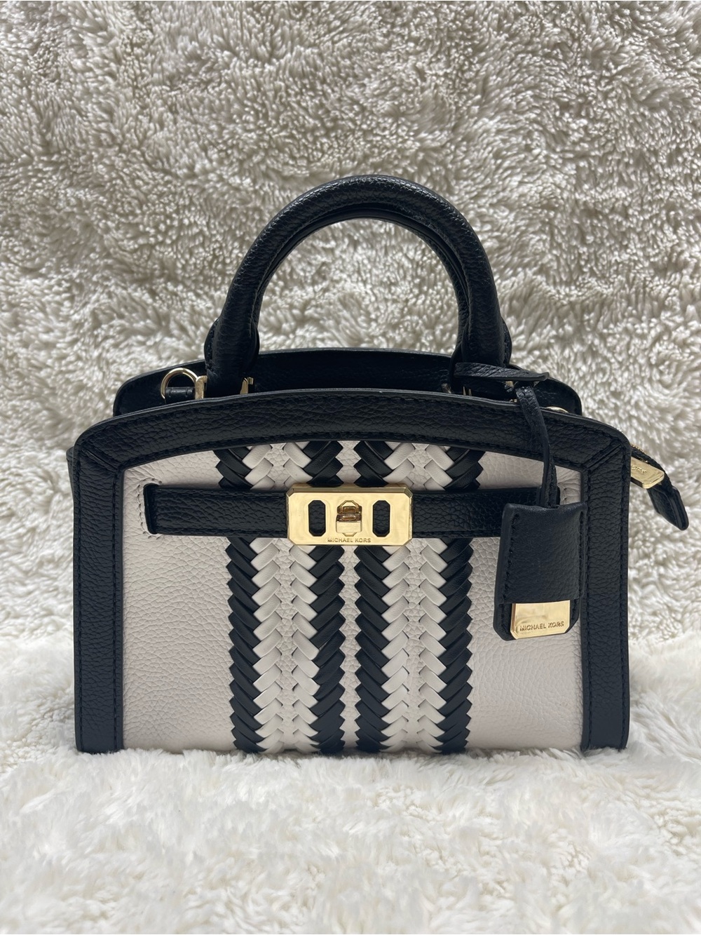 Michael Kors Black and White Woven Leather Top-Handle Satchel